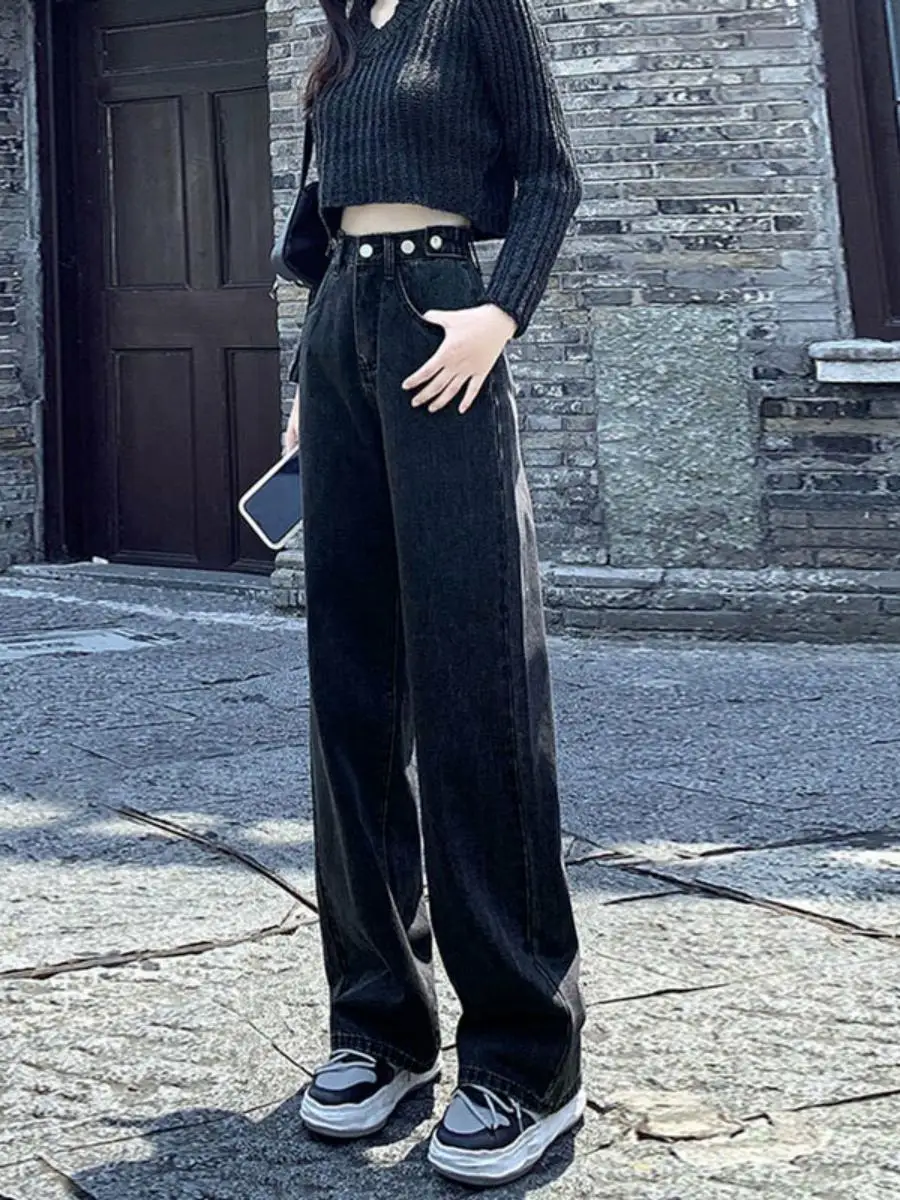 

Регулируемые широкие джинсы с высокой талией и множеством сидений, женские свободные длинные прямые брюки длиной до пола