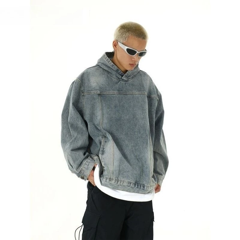 

Retro washable hooded denim jacket for men and women trendy brands niche couples versatile loose casual pullover
