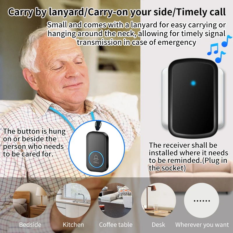 CACAZI Caregiver Pager Wireless SOS Call Button Nurse Call Alert Patient Elderly Pregnant Woman Help System for Home with Sling