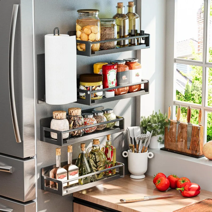 

5 Pack Magnetic Spice Storage Rack Organizer for Refrigerator and Oven Black Fridge Organizers and Storage Paper towel holder P