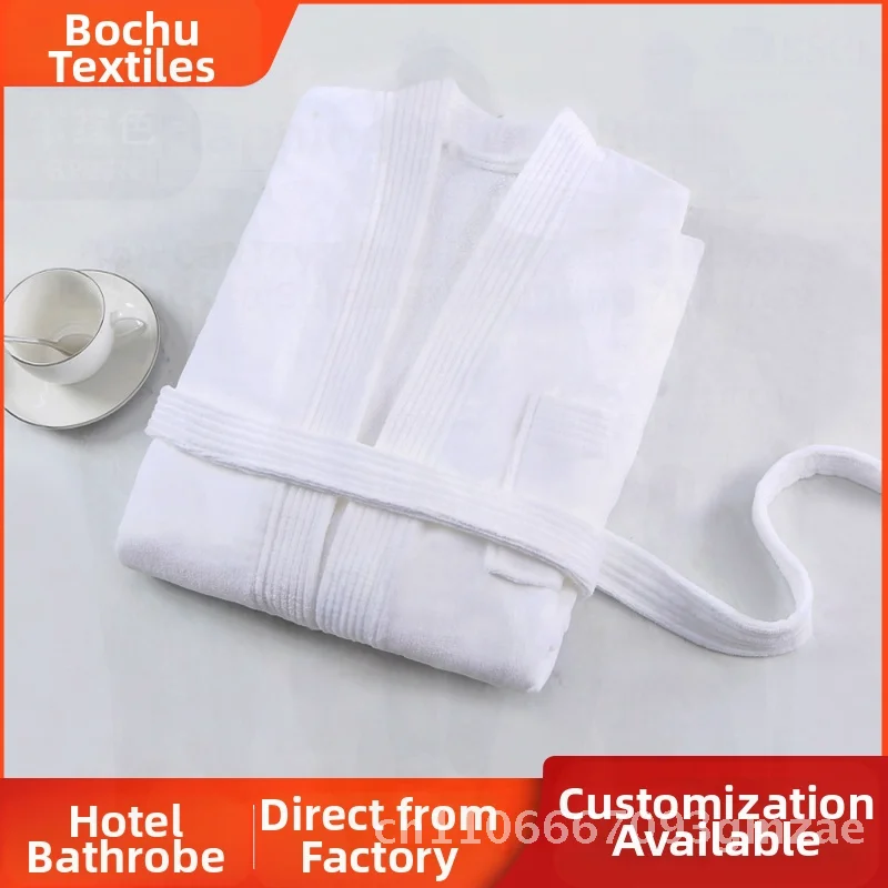 

Pure Cotton Velvet Trim Bathrobe - Long Soft Comfortable White Hotel Quality Home Leisure Wear for All Users
