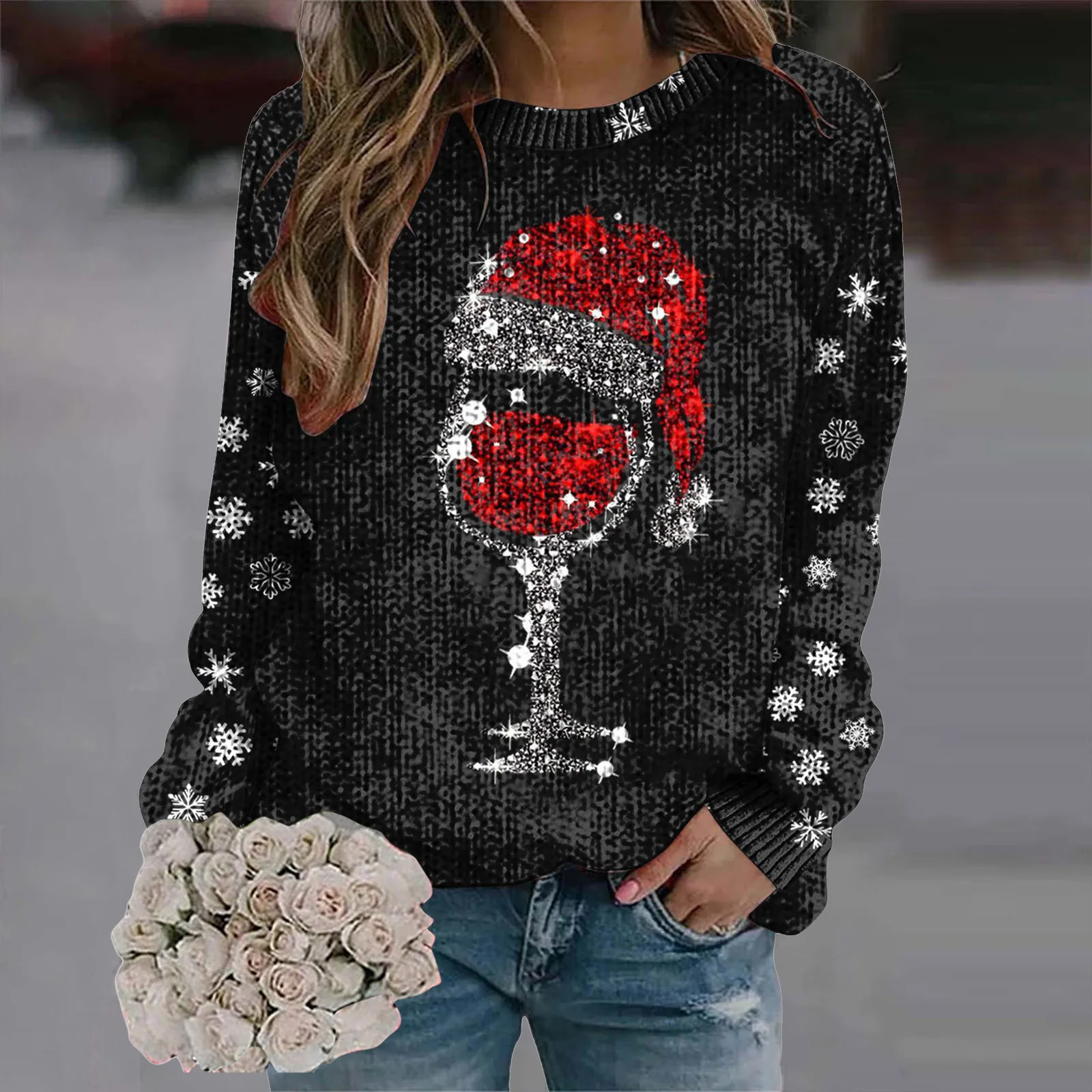 Pulls à col rond College de Noël pour femmes, coupe de vin rouge, manches longues, mode décontractée, vêtements du Nouvel An, 20