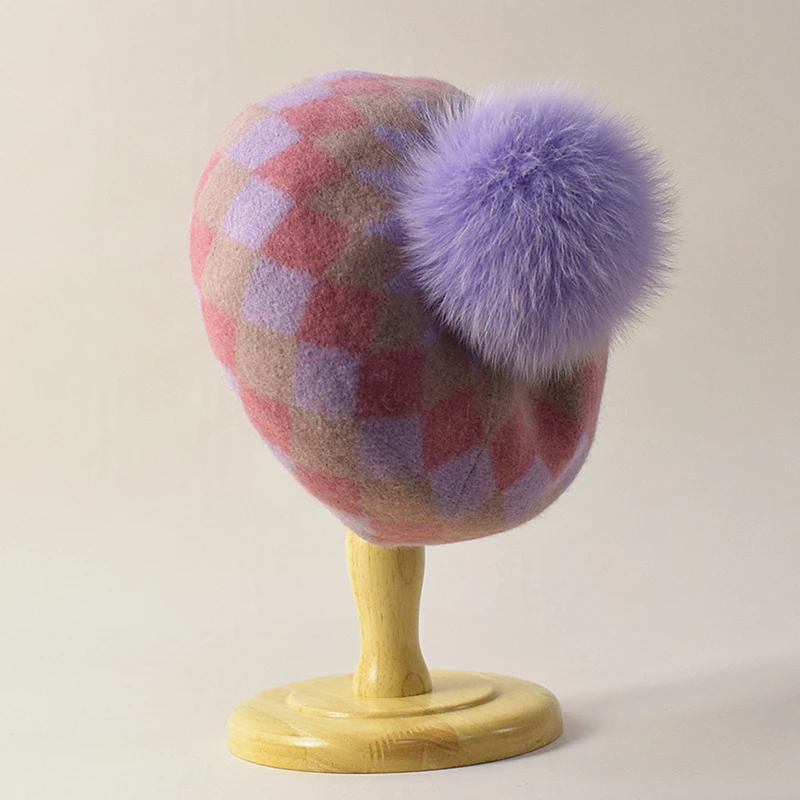 

Beret Women Winter Hat Plaid Wool Felt Real Fox Fur Pompom Warm Accessory For Autumn Cold Weather Sport Skiing Outdoor Luxury