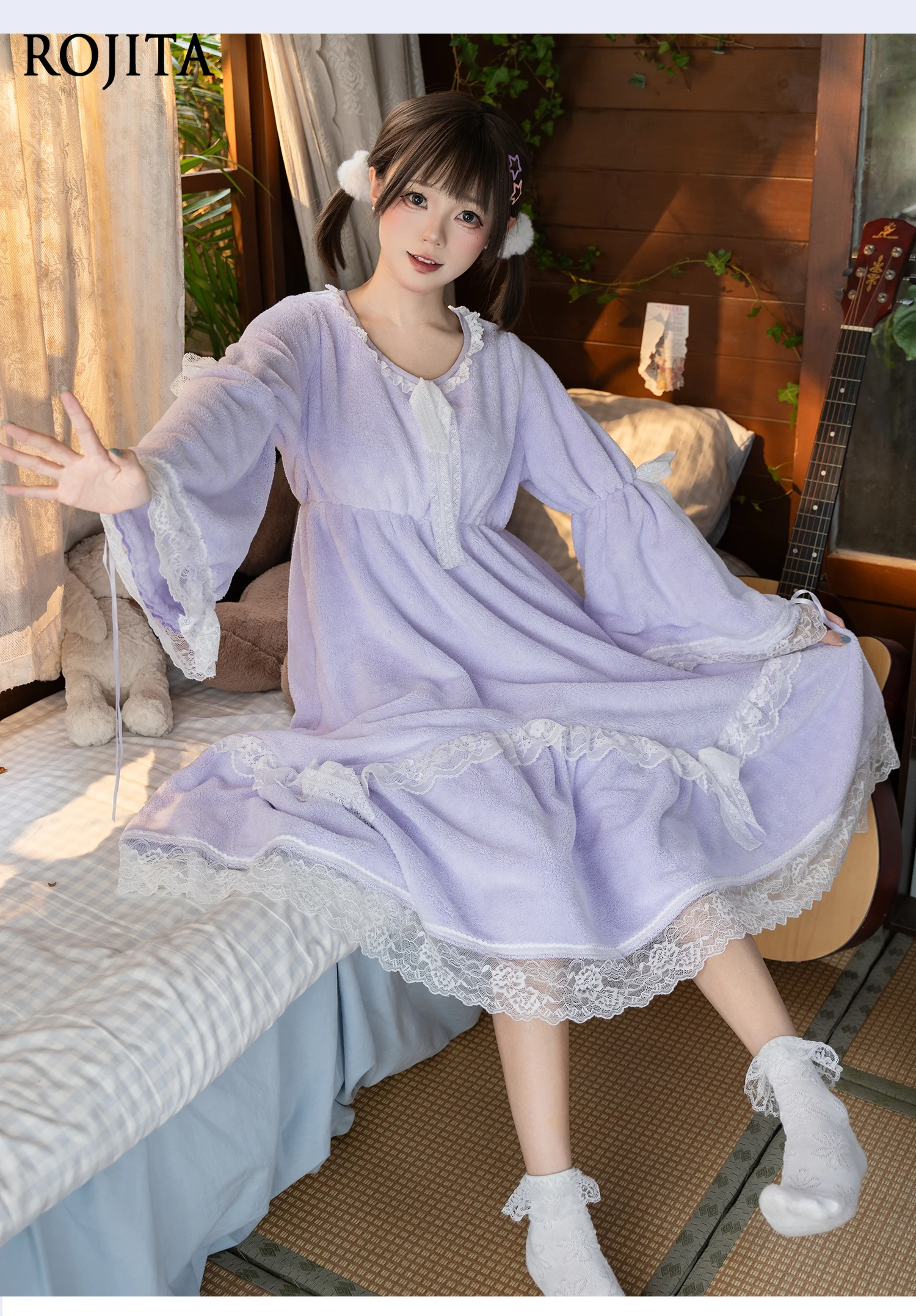 Lolita Nightdress for Women Autumn and Winter Coral Fleece Fluffy Pajamas Cute Princess Style Can Be Worn Outside Dress