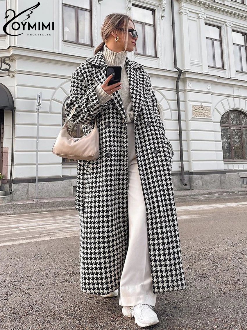 Oymimi Houndstooth Lapel Fashion Trench Overcoat For Women High Waist Cardigan Knit Elegant Patchwork Outfit Loose Female Trench