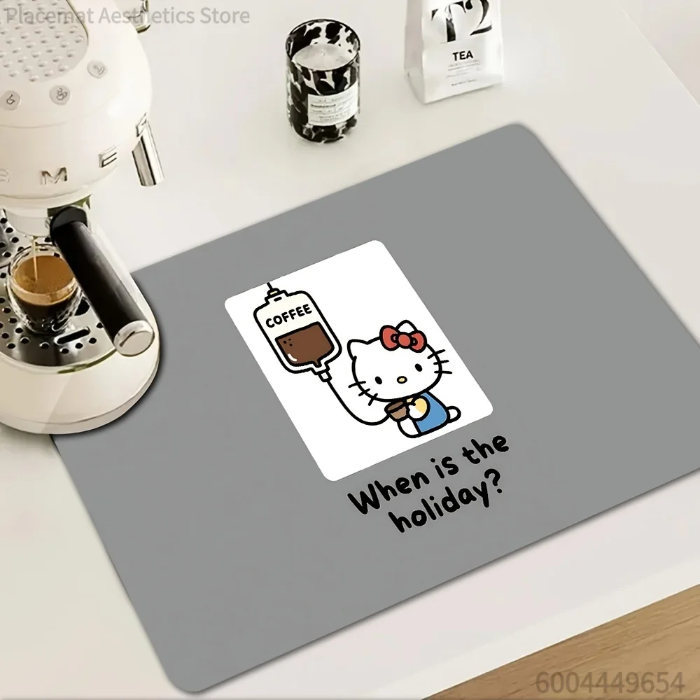 Hh-Hello Kitty'S Coffee IV Work Fatigue Minimalist Art Gray Background 1pc Coffee Machine Absorbent Mat - Non-Slip Kitchen Count