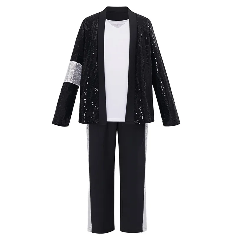Michael Jackson Pailletten-Kostümset für Erwachsene und Kinder, silberfarbene Streifenjacke, Hose, Hut, Handschuhe, Beinwärmer, Pop-Star-Outfit – Detail 6