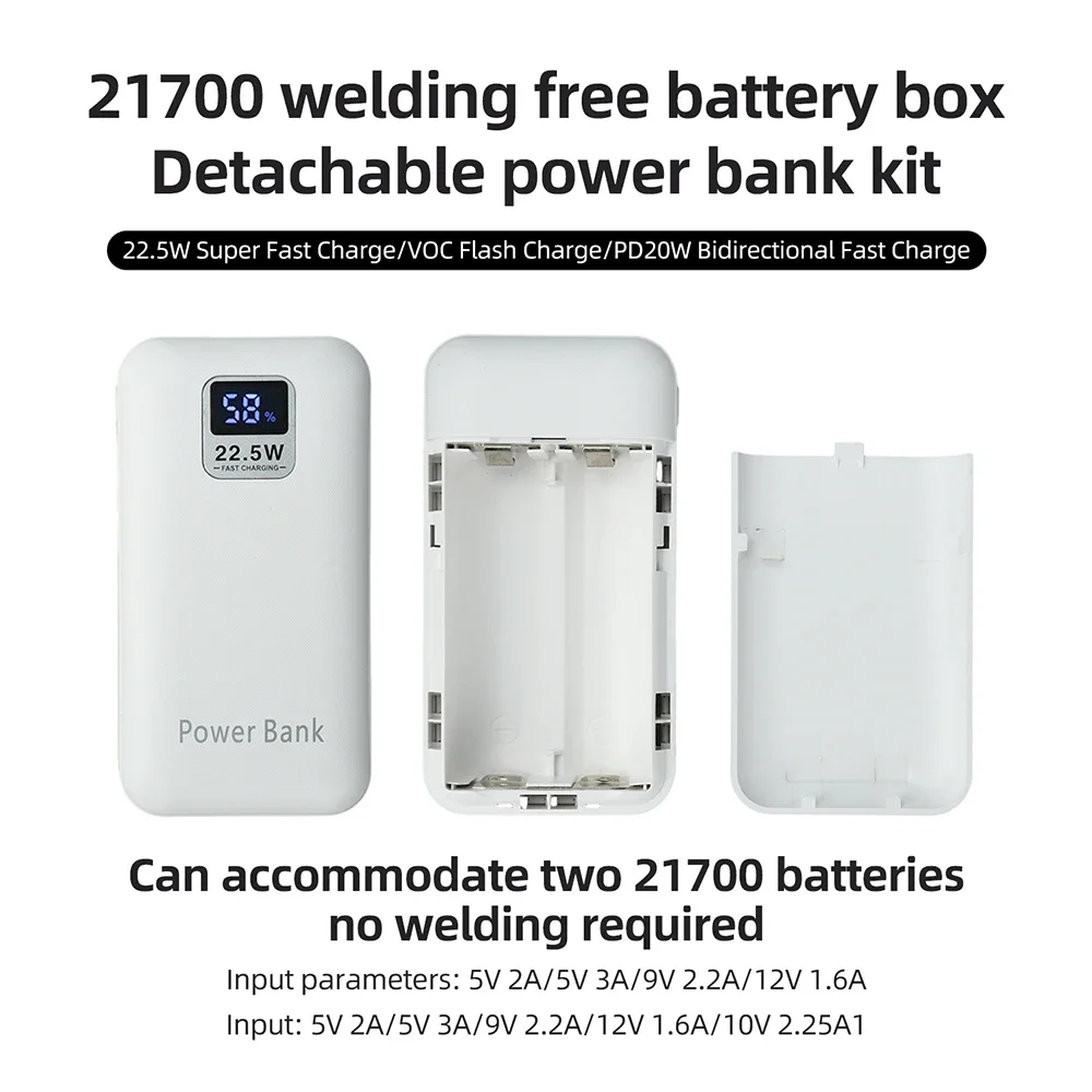 Superschnelles Laden 22,5W Powerbank DIY-Kit Tragbares lötfreies Gehäuse mit Digitalanzeige für 21700-Batterien – Detail 3