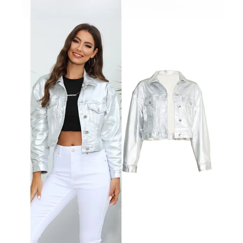 Jaqueta feminina de couro PU composto prateado brilhante para motocicleta casaco curto de motociclista elegante e casual