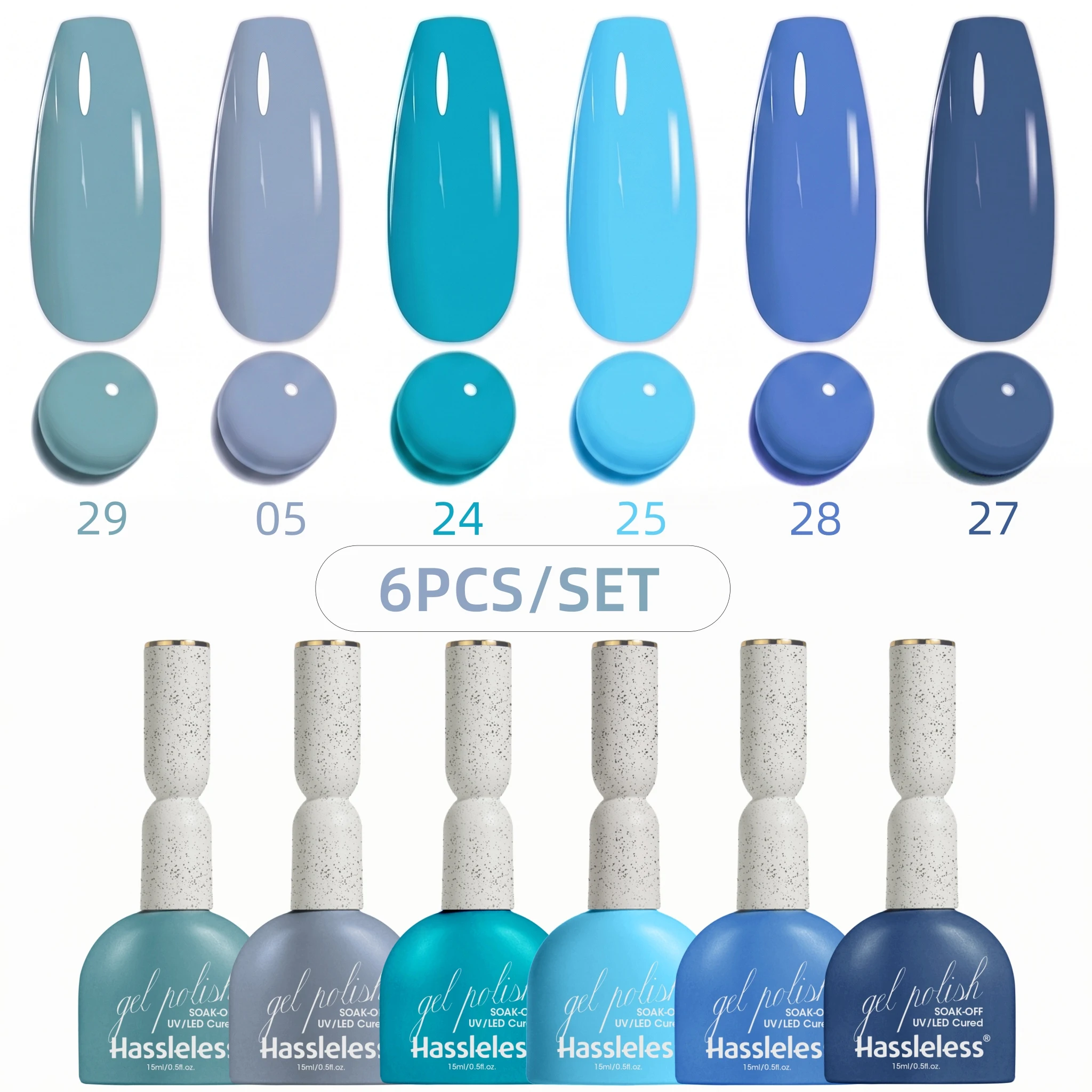 Hassleless 6Pcs Summer Blue Series Nail Gel Polish Set, 6-Piece Set from Light Blue to Dark Blue, Fashionable and Versatile Nail Gel, Wear-Resistant and Does Not Peel Off Easily, the First Choice for Holiday, Date, and Vacation Manicures, Solid Color Nail Art, Glossy Nail Art