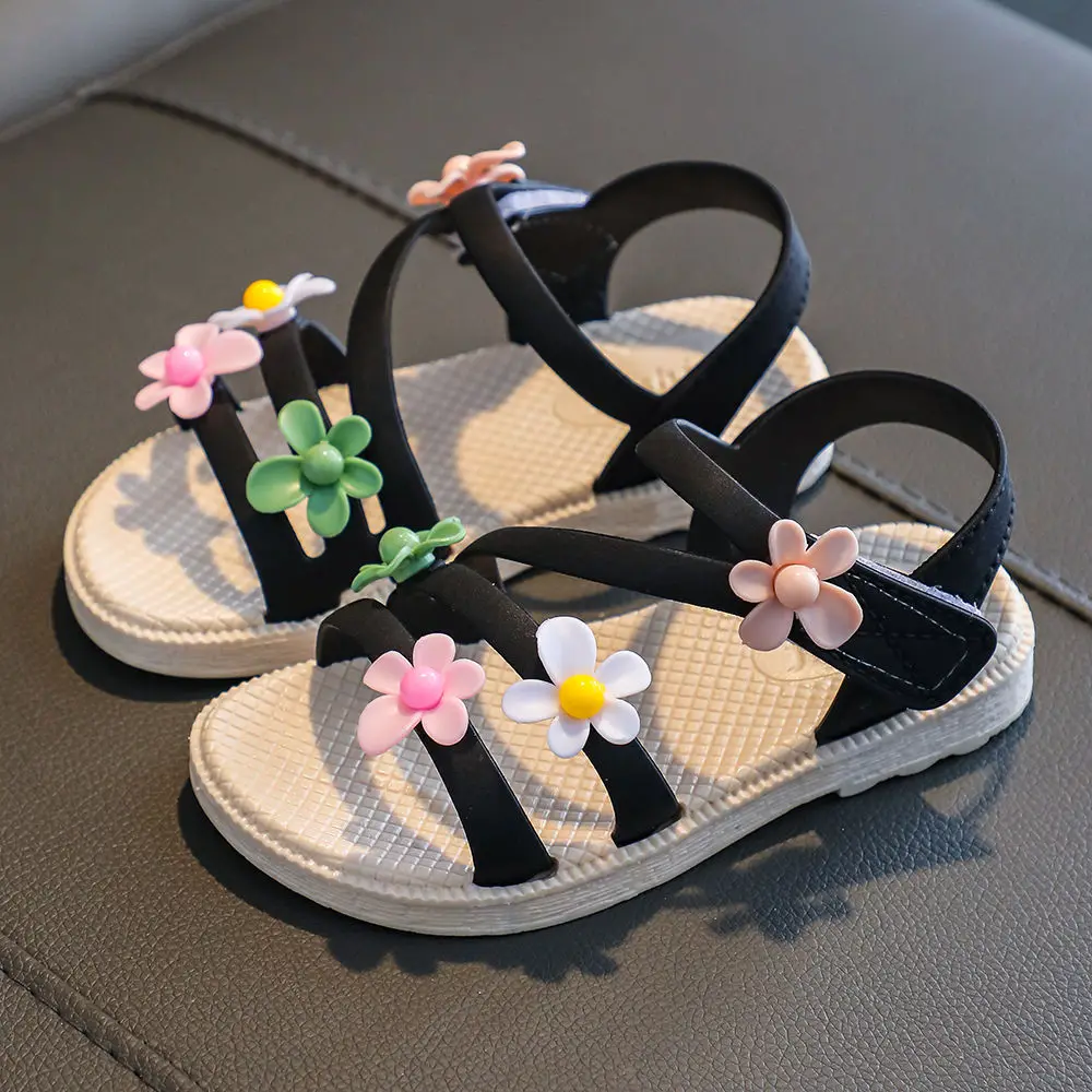 Summer Little Girls Sandals 2022 New Flower Simple Cute Pink Green Children Sandals Toddler Baby Soft Casual School Girl Shoes