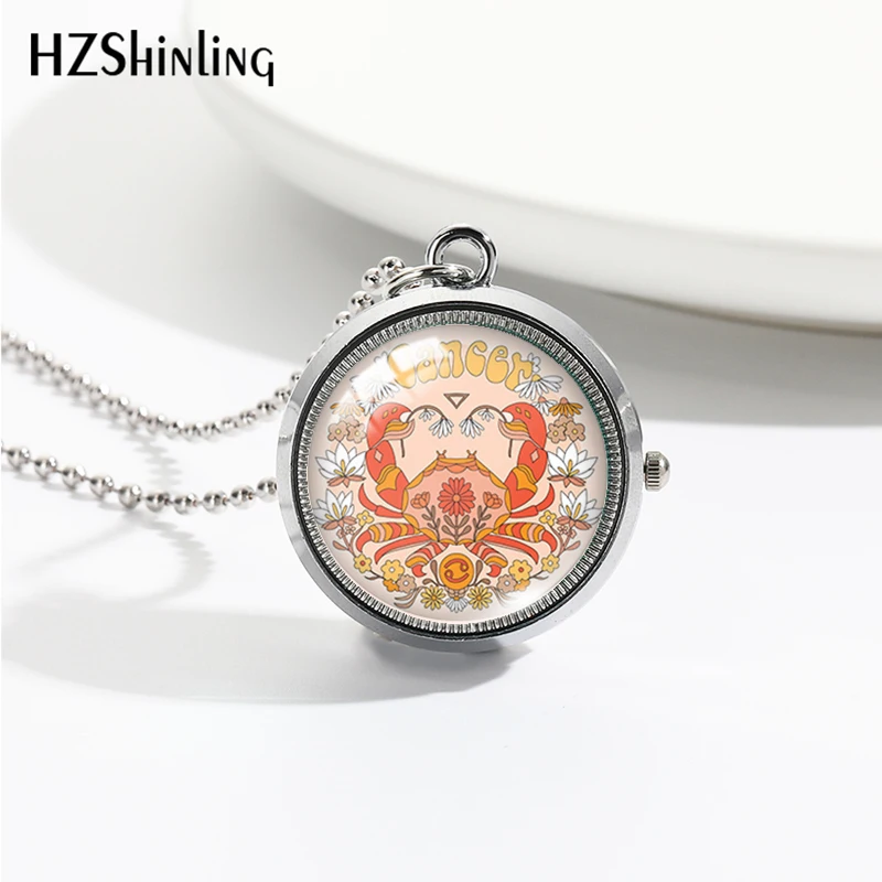 2023 New Cartoon 12 Constellations Zodiac Rotate Pocket Watch Round Glass Cabochon Handcraft Necklace Pendants for Women Men