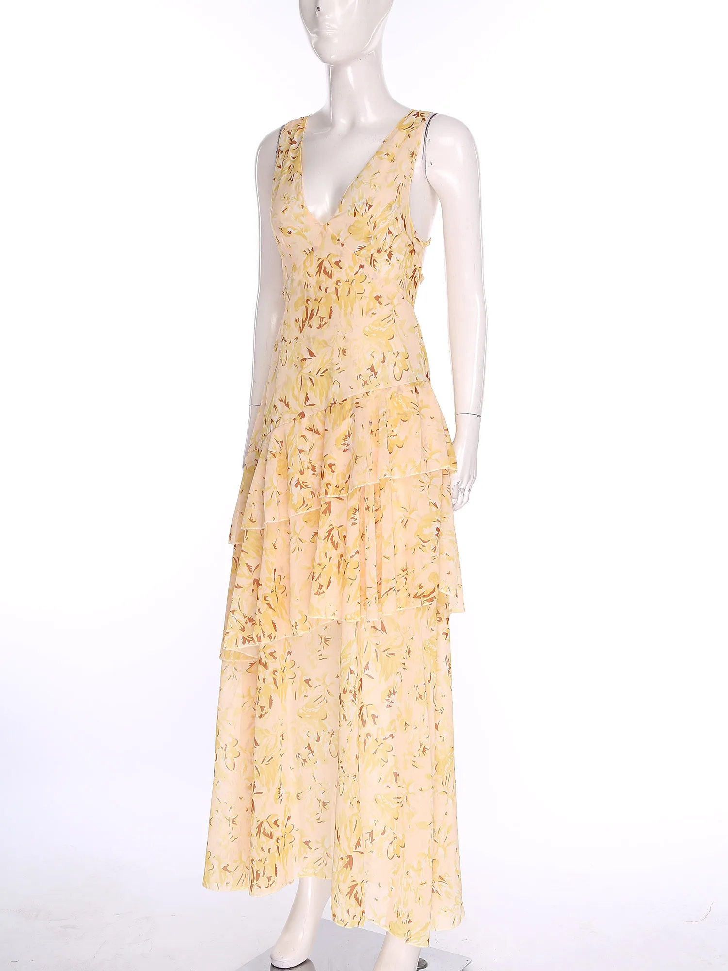 فساتين نسائية صيفية بوهو فستان صيفي مطبوع عليه زهور ورقبة على شكل V بدون أكمام مفتوح الظهر من الشيفون فستان ماكسي ملابس بحر لقضاء عطلة استوائية