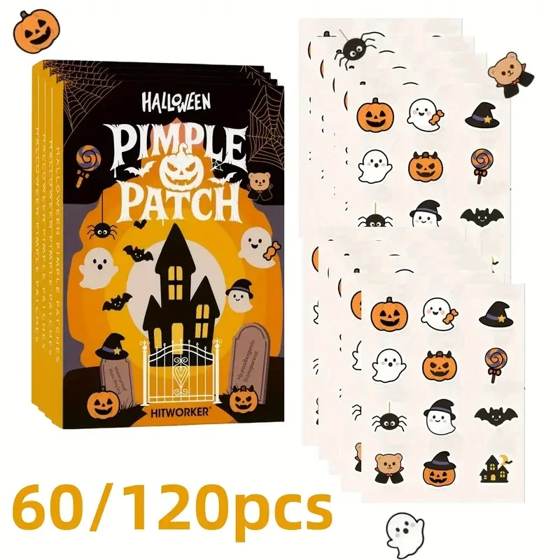 

HITWORKER Halloween Acne Patches 60/120 Pcs Set Alcohol-Free Fragrance-Free Cute Ghost Witch Bat Design Individually Packaged