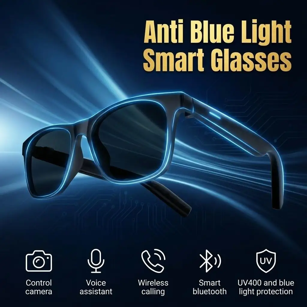 

AI Smart Glasses Camera Control Bluetooth Call Voice Assistant for Siri Music Player UV Bluelight Protection Outdoor Sunglasses