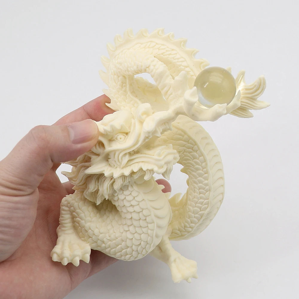 White Dragon Statue Hand Carved Disc Play Bead Home Decorative Artwork Sculpture