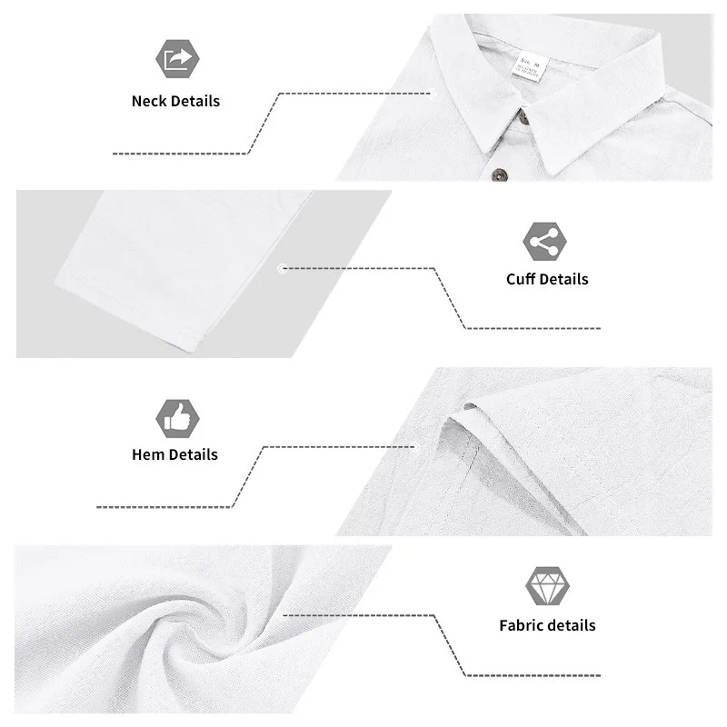 Leinen-Hemd mit Stehkragen und Knopfleiste, Herren Locker Sitzendes Atmungsaktives V-Ausschnitt Langarm-Polohemd – Detail 6