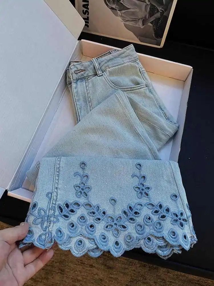 

Summer Luxury Loose Hollow Embroidered Rhinestone Jeans Women High Waist Straight Denim Ankle-length Pants Casual Streetwear ﻿