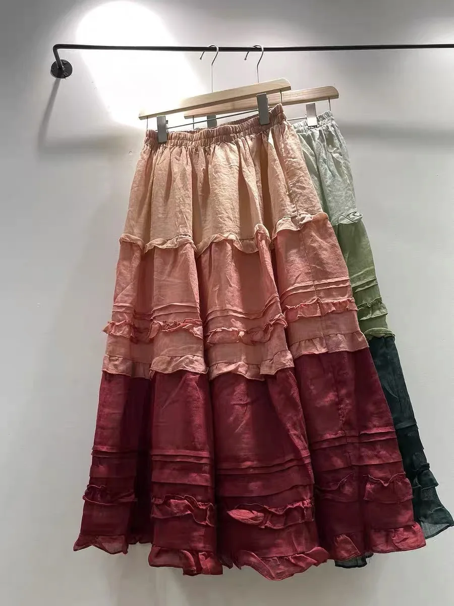 2026 Women's Bohemain Cotton Tiered Midi Skirt Japanese Original Elastic Waist Ruffle Layered A-Line Flowy Long Skirt for Summer