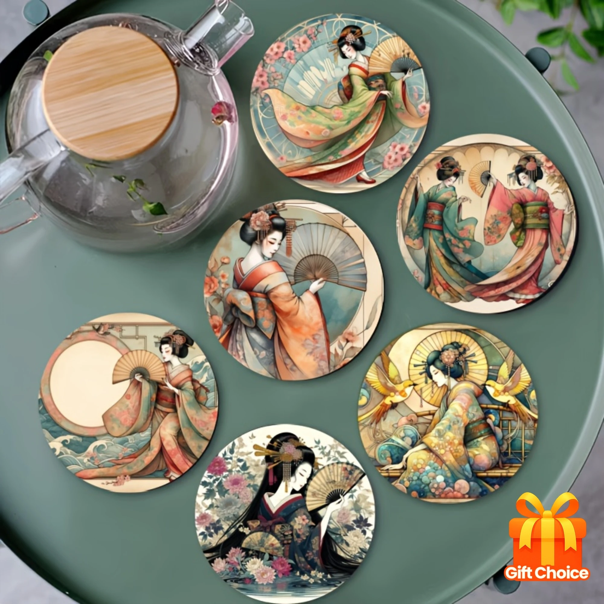4in Japanese Style Kimono Sakura Architecture Art 2D Wooden Coasters Teahouse Home Coffee Shops Restaurants Decorate Party Gifts