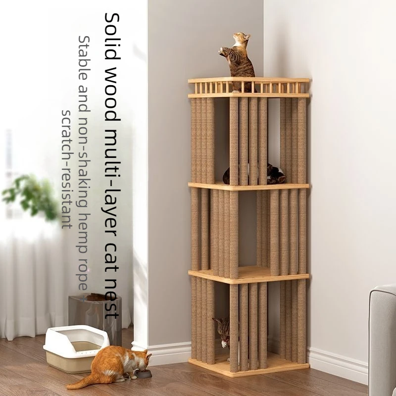Multi-layer Cat Tree Solid Wood Cat Climbing Trees Multi-function Game Nap Climb Beds Kitten Villa Luxury Cats Tower Hammock