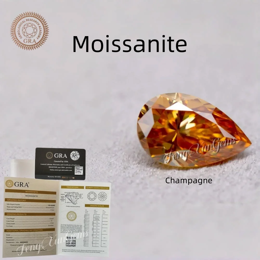 

Charm Champagne Loose Moissanite Stone Pear 0.35~5ct Excellent Cut Pass diamonds Test II With GRA Certificate For jewelry Inlay