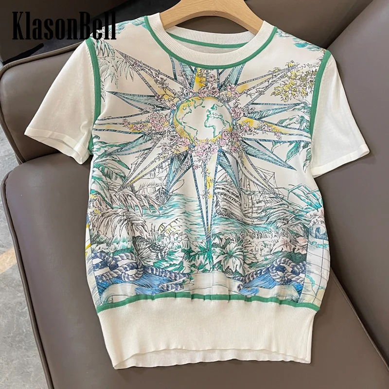 

3.16 KlasonBell Women Clothes 2024 New Vintage Letter Silk Print Spliced Short Sleeve Fit Knit T-Shirt