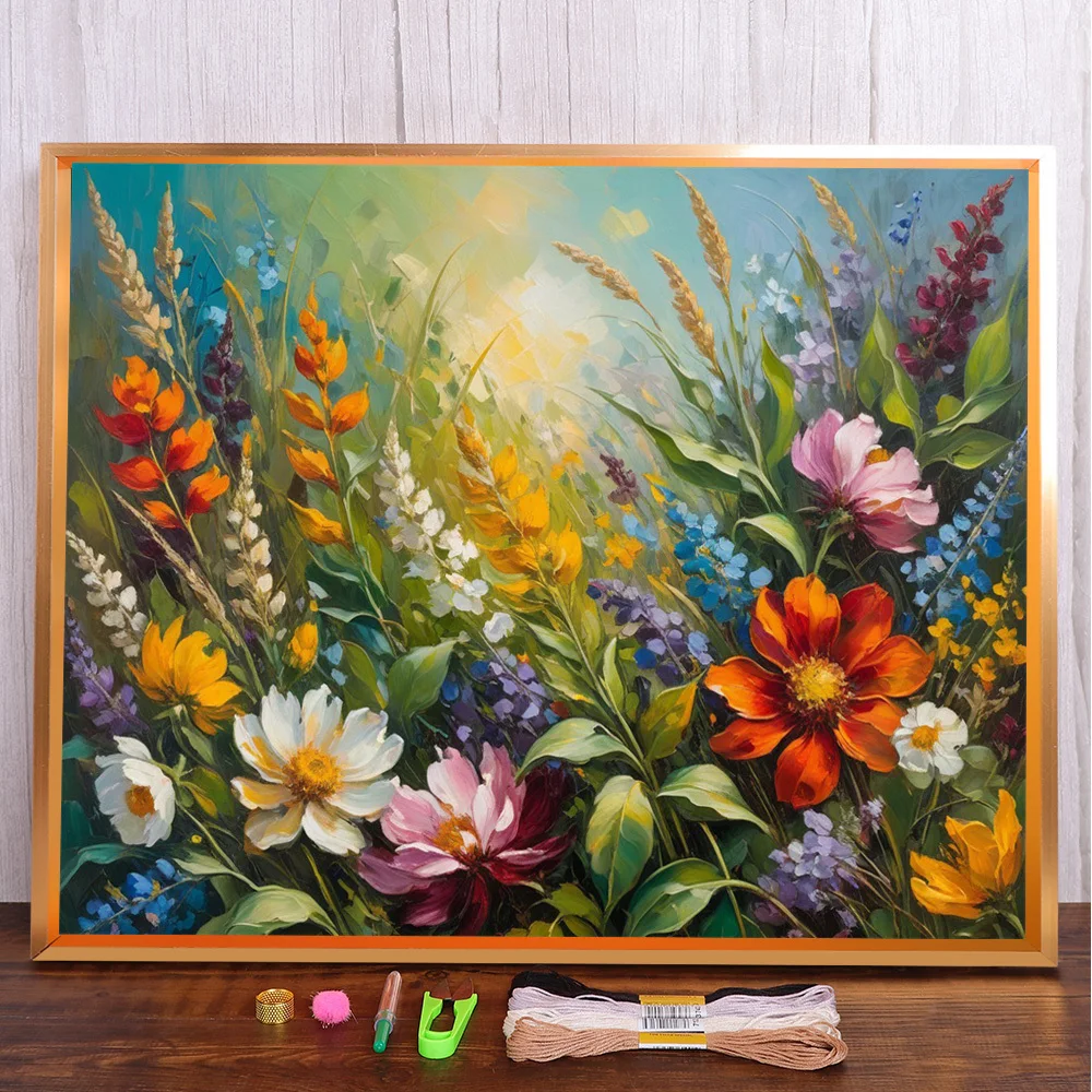 

Flowers Printed Water-Soluble Canvas Cross Stitch Full Kit DIY Embroidery Sewing Craft Handiwork Needlework Sales Package Magic