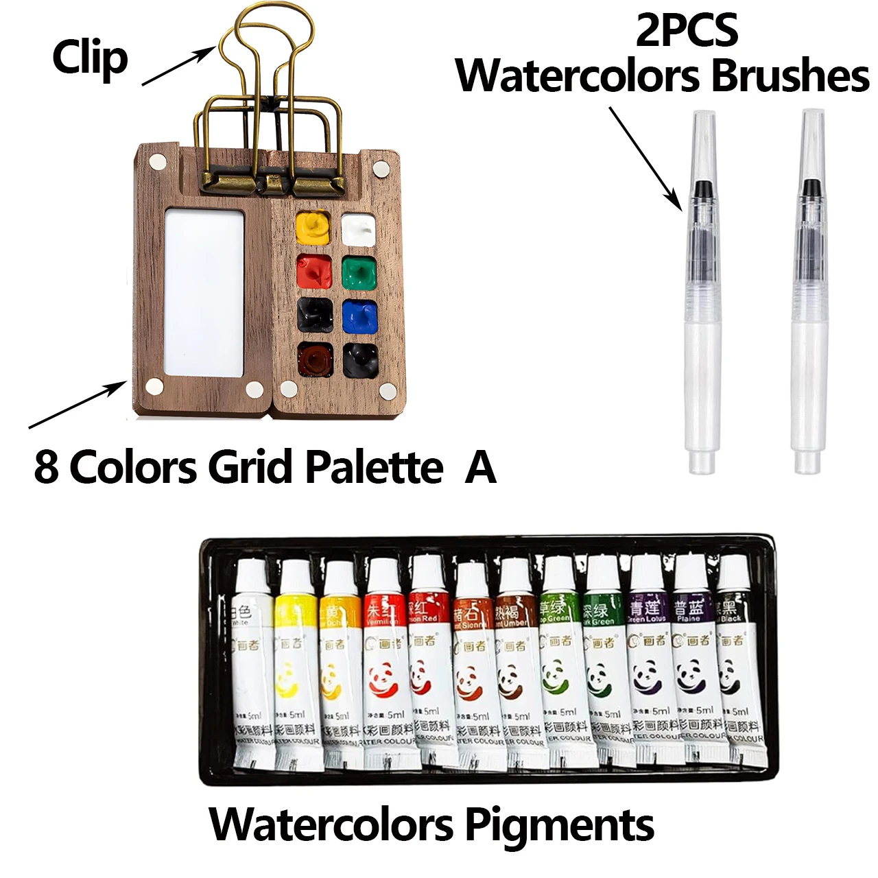 12 Farben Aquarell-Pigmente Malset mit 15-Fächer/8-Fächer tragbarer Aquarellpalette, Mischpalette mit Clip und Pinseln – Detail 5
