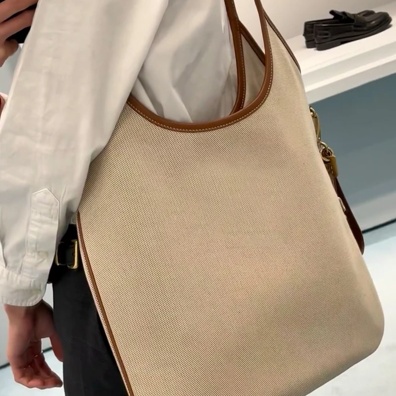 Fashion Large Capacity Underarm Bag Cowhide Leather Simple Casual Canvas Shoulder Bag 2024 New All-match Retro Shopping Tote Bag