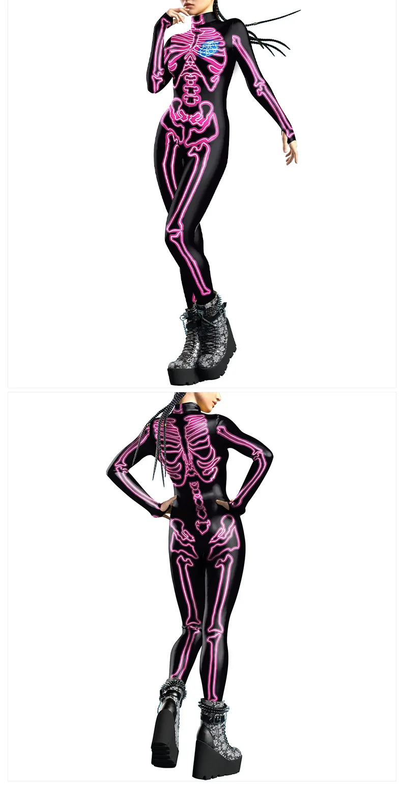 Karneval Halloween Party Fluoreszierender Skelett-Druck Damen Sexy Jumpsuit Cosplay Kostüme Ausgefallener Totenkopf-Bodysuit Mujer 2026 – Detail 23