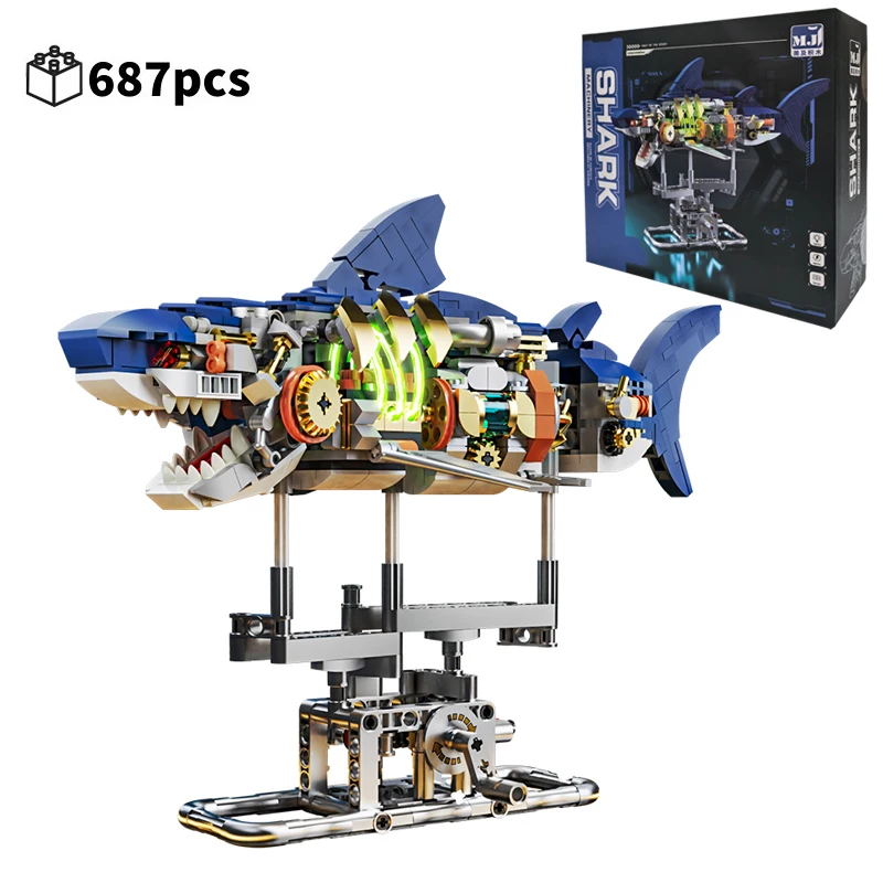 

STEM обучающая механическая игрушка-конструктор акулы, серия Ocean, подвижная модель, креативный технический стиль MOC, праздничный подарок для взрослых и детей