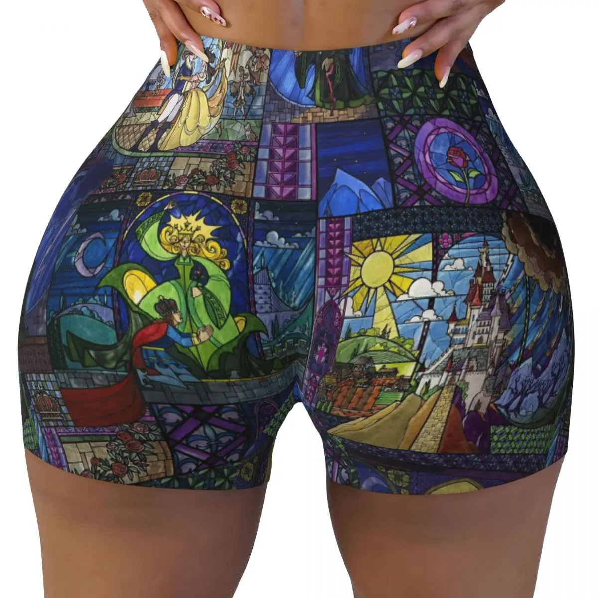 Custom Beauty And The Beast Belle Fabric Workout Shorts Women's Gym Volleyball Biker Yoga Shorts