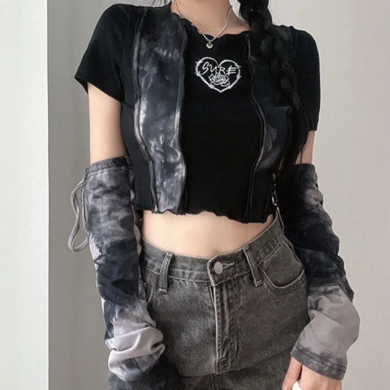 Korean Style Streetwear Y2k Kpop Crop Tops Women Vintage Chic Tie Dye Print T Shirts Summer Harajuku Aesthetic Tee +Oversleeve