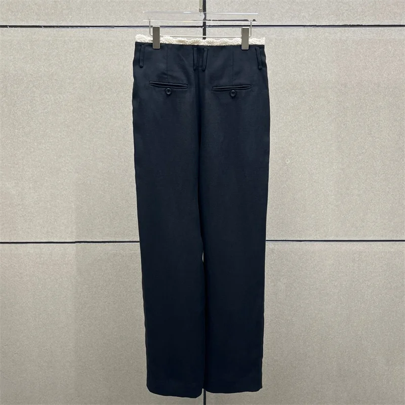 Women's pants New lace spliced straight leg pants for summer 2026 Low waist slim fit women's suit pants Hemp blend casual pants