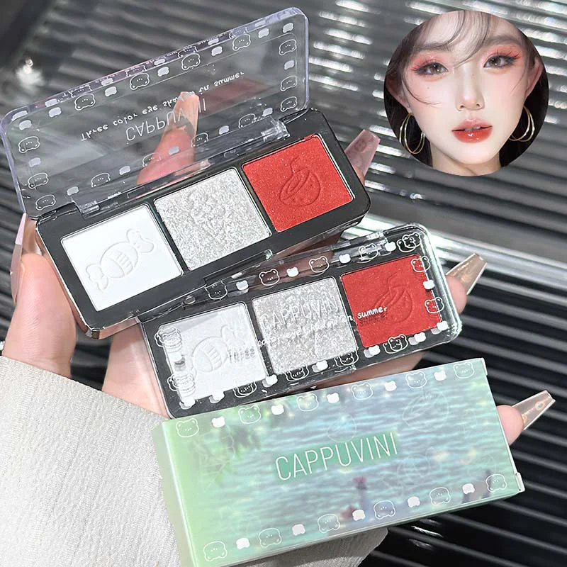CAPPUVINI サマー スリーカラー アイシャドウ、パールファインフラッシュ、マット、メイクが簡単、持続性、パウダー不要、自然なメイクを実現