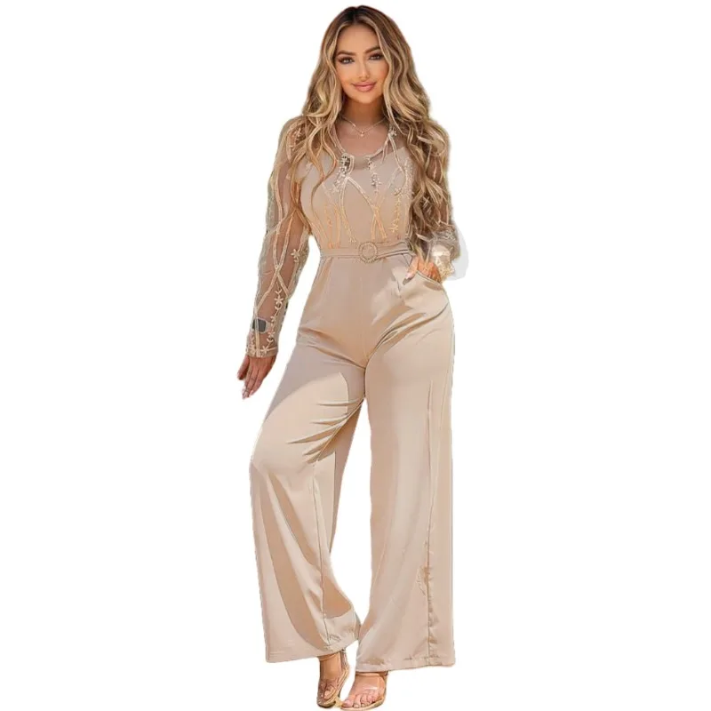 بذلة نسائية مثيرة شبكية شفافة من KEXU بأكمام طويلة وحفلات ليلية شفافة مع حزام خصر