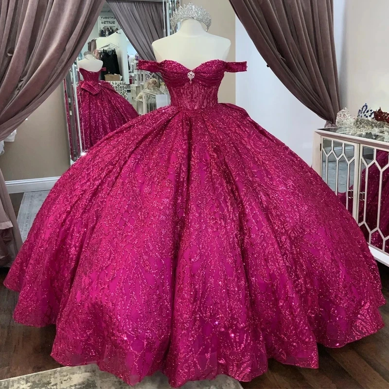 

Rose Red Off The Shoulder Ball Gown Quinceanera Dress Beaded Crystal With Bow Birthday Prom Dresses For Girl Graduation Vestido