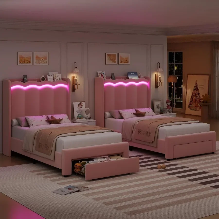 Twin LED Bed Frame with Storage Drawer and Charging Station for Bedroom Use, Engineered Wood in White, Soft Ambient Lighting An