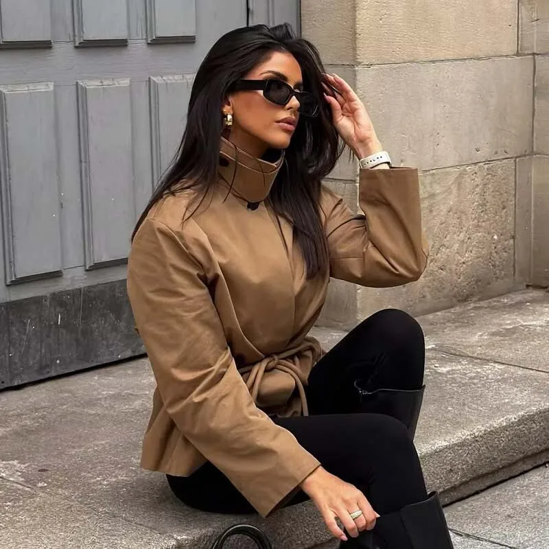 

Коричневая куртка с регулируемыми завязками на талии для женщин, уличное пальто с длинными рукавами и пуговицами спереди, женское весенне-осеннее пальто