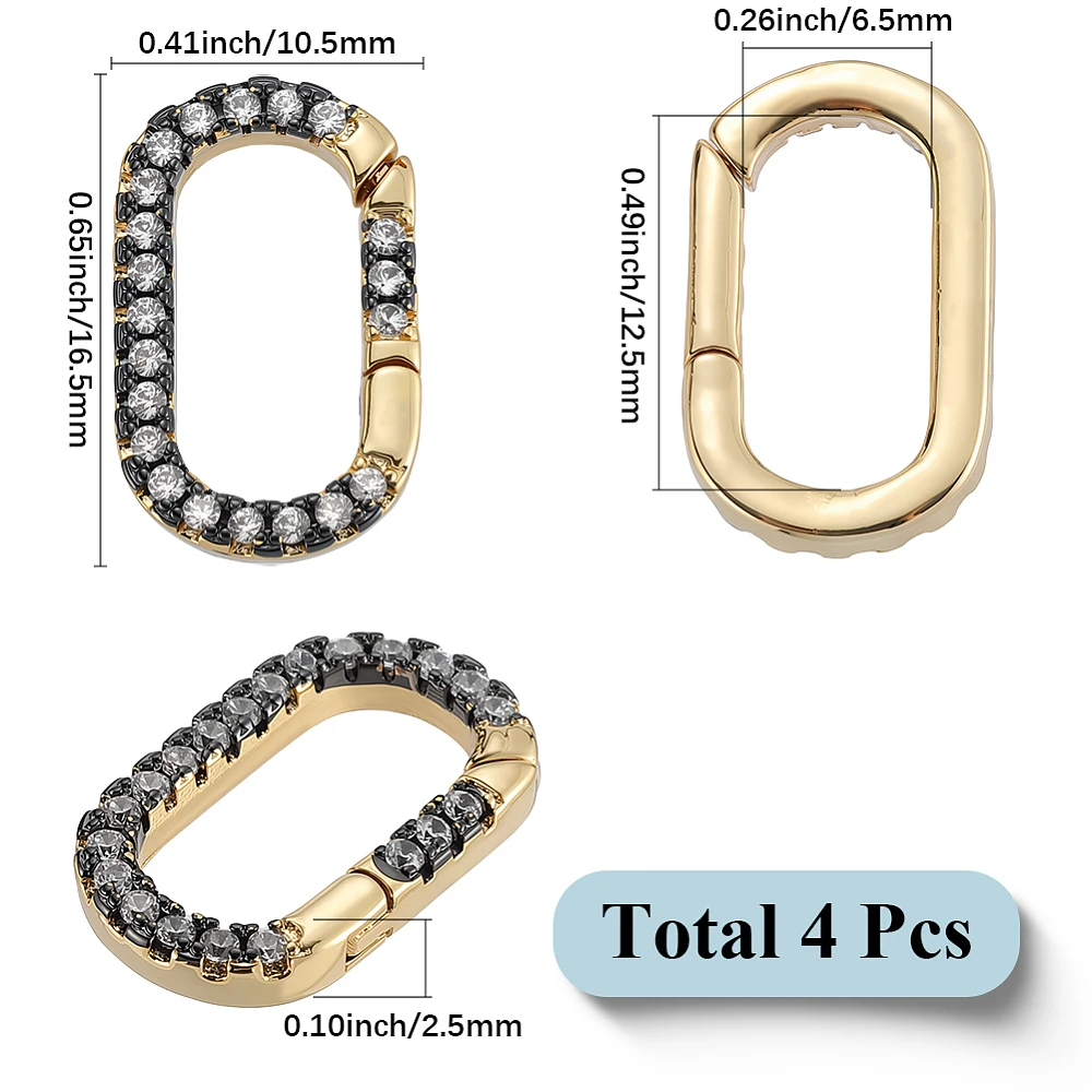 1 Box 4Pcs Real 18K Gold Plated Brass Oval Ring Clips Spring Gate Ring Clasp Black Clear Cubic Zirconia Closures Connector Clamp