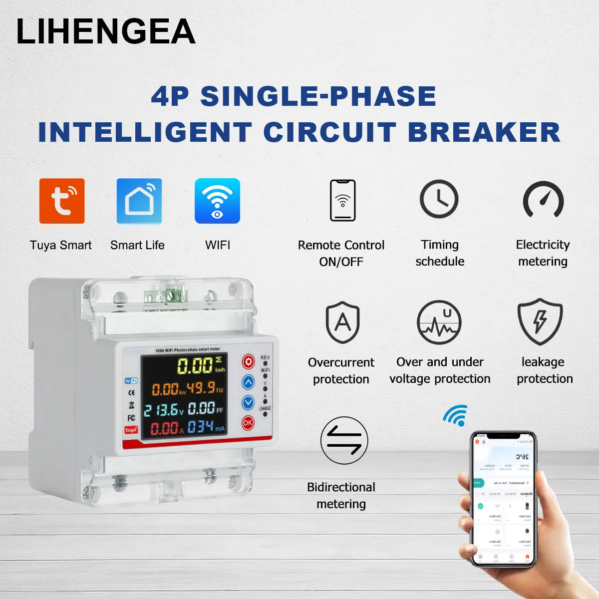 

WiFi Tuya 100A single-phase bidirectional smart energy metering overvoltage and undervoltage intelligent leakage protection Smar
