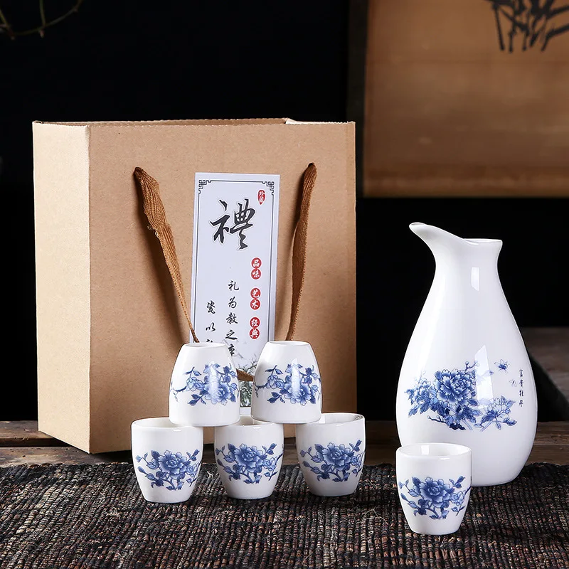 Vintage Ceramic Sake Pot Set with 6 Cups Japanese Cuisine Bottle Pot Cups in Gift Box
