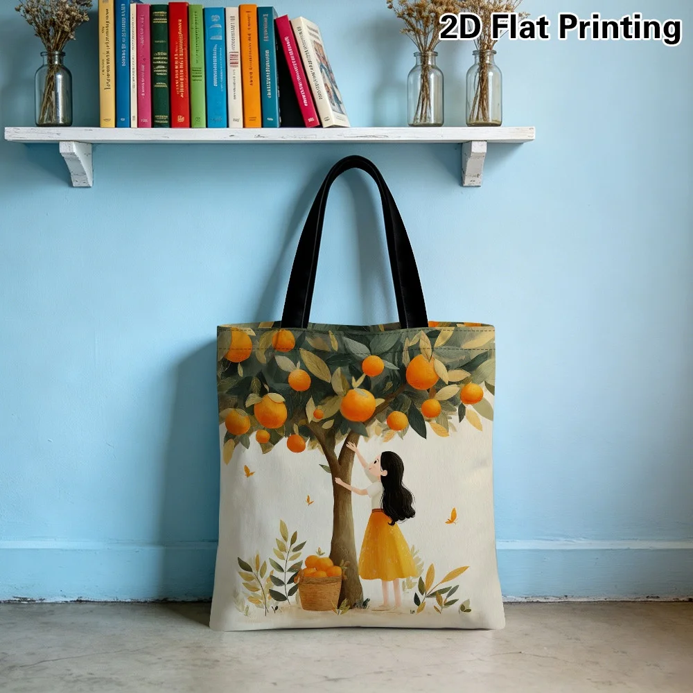 1pc Tote Bag with 2D Flat Effect, Fresh Pastoral Style Orange Picking and Orange Tree Hand-Painted Print Tote Bag, Large Capacit