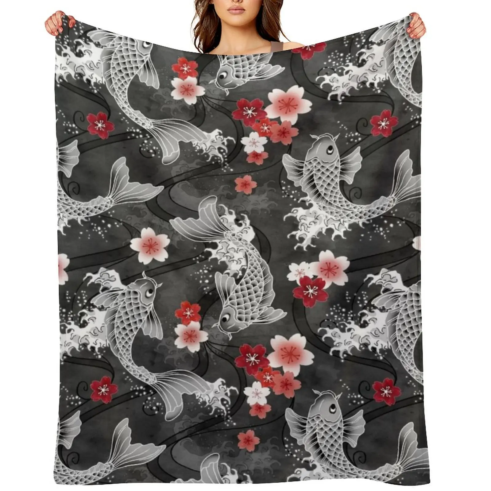 

Koi sakura blossom in black Throw Blanket Luxury Beach for winter Plaid on the sofa Blankets