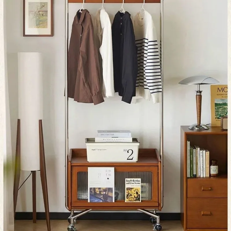 

Retro solid wood coat rack Nordic bedroom movable floor multi-functional entrance hanger