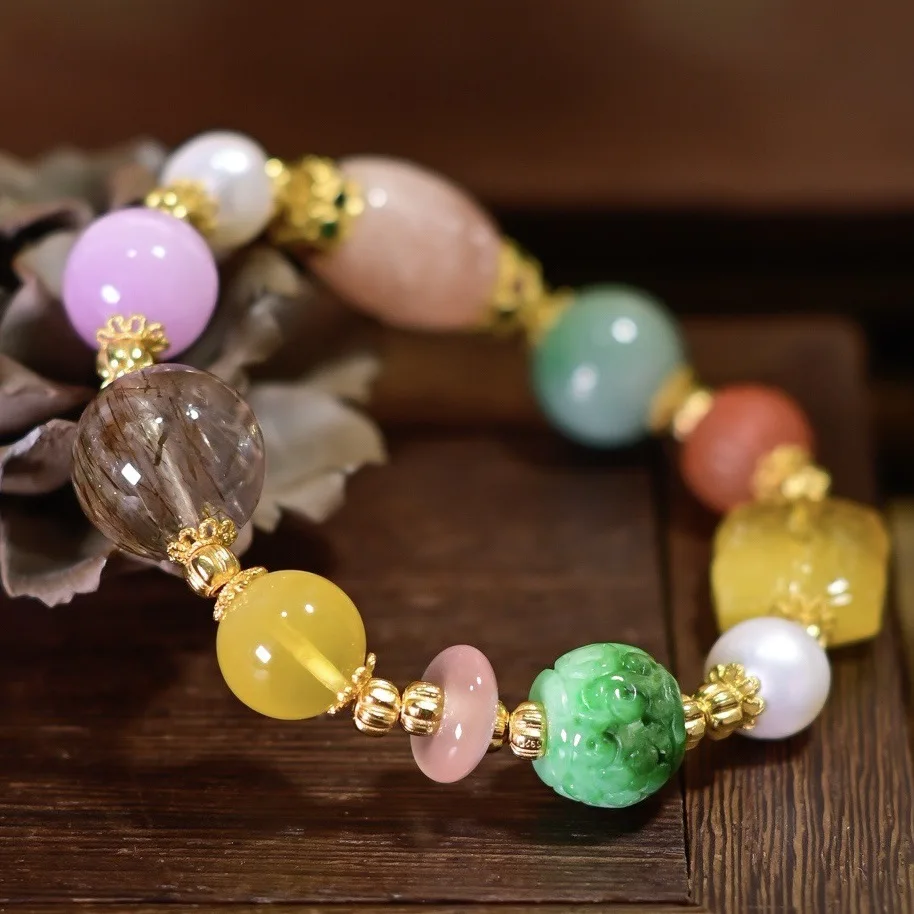 

Natural Colorful Multi-Gemstone Bracelet, Black Gold Super Seven Kunzite Freshwater Pearl Jadeite Red Agate Amber