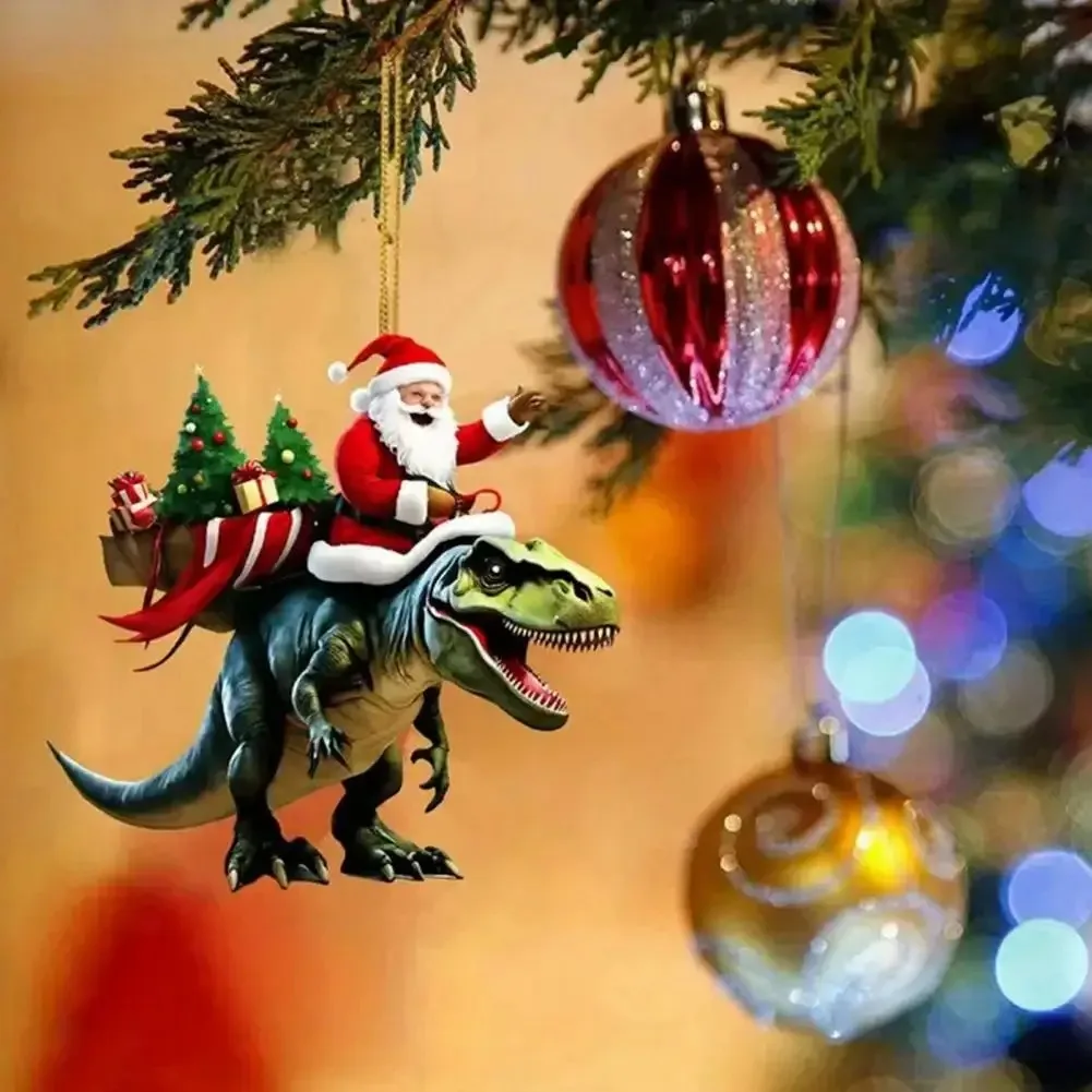 1Pc Christmas Pendant Unique Santa Claus on Dinosaur Ornament 2D Flat Acrylic Hanging Decoration for Christmas Tree Mantel Decor