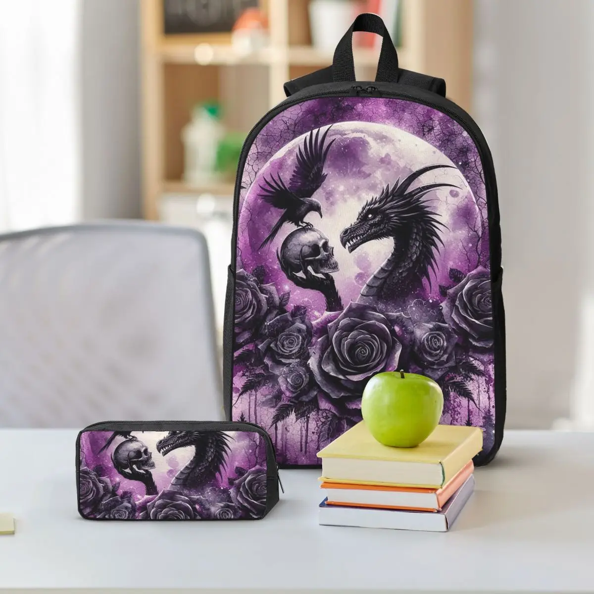 Dragon And Purple Rose Design Backpack Boys Girls BookBag School Bag Shoulder Bags 3ps Insulated Lunch Bag Pencil Case