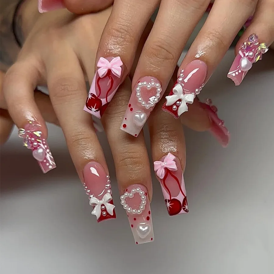 

24PCS Pink Heart Press On Nails French Cherry Bow Cute Style false nails Valentines Day sweet Medium Water Pipe square Nail Art